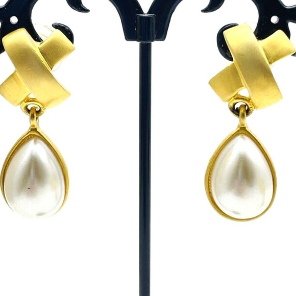 Faux Pearl Drop Earrings Brushed Gold Tone X Glam Bling Sparkle Holiday Party - Picture 4 of 7
